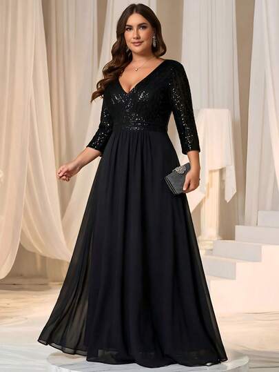 EVERPRETTY Plus Size Sexy V-Neck Sequin Contrast Color Chiffon Party Black Evening Gown Wedding Guest Formal Dress Mother Of Brides Glam Dresses For Wedding Semi Formal Gowns For Women Evening Elegant Mother Of Brides