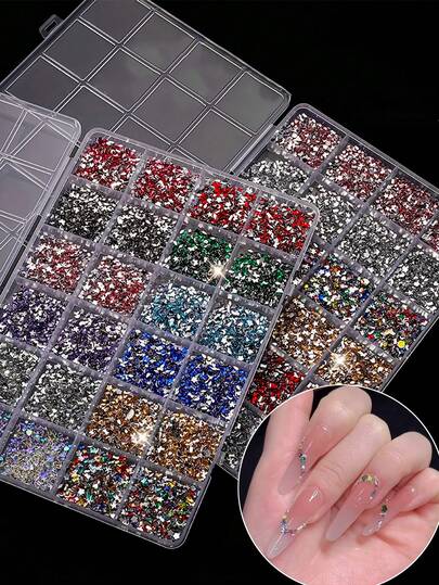 7500pcs 3D Y2K Shiny Flat Rhinestone Nail Art Decorations, 24-Grid Super Shiny Resin Shaped Multicolor Gems Nail Art Decor, Dreamy Colorful DIY Jewelry Accessories, Suitable For Women And Girls Nail Art Supplies Nails
