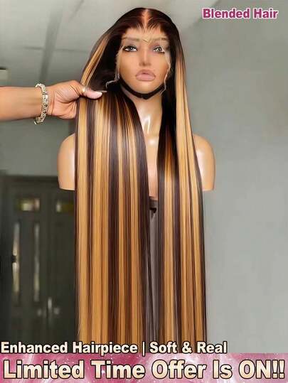 Peluca frontal de encaje con densidad del 200% y 34 pulgadas, 5*5 13*4 de cabello liso, con línea de nacimiento natural - Peluca frontal de encaje transparente HD pre-cortada, pre-arrancada y sin pegamento, con ombre de color rubio miel resaltado P4/27 - Peluca de cabello virgen brasileño sin necesidad de pegamento ni habilidades, pre-blanqueada, pre-estirada y pre-planchada con raya al medio - Estilo elegante para todas las etnias, peluca de cabello humano mezclado sin pegamento para uso diario de las mujeres