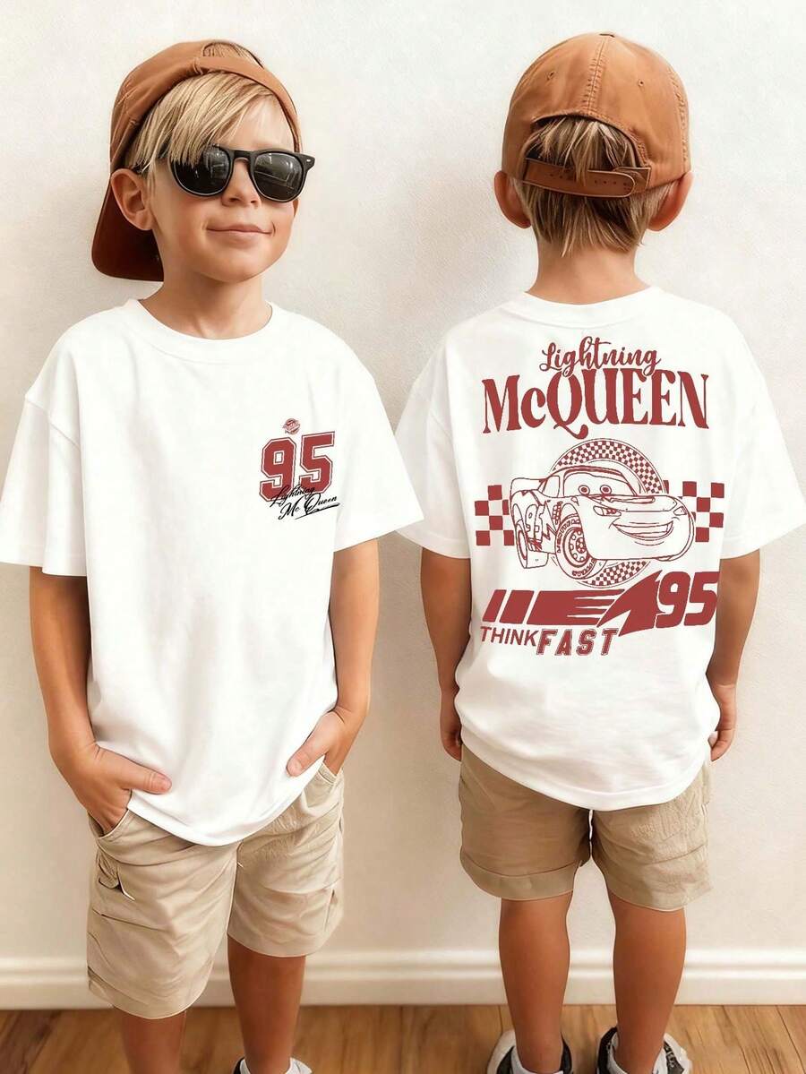 Baby Boys Tops, Disney Short-Sleeved T-Shirt,Lightning McQueen Line Art With Number 95 And "Think Fast" Pattern Printing,Summer Breathable Comfortable Short Sleeves, Female Baby Boy With T-Shirt. - 白色 - 查看 1
