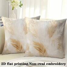 2pcs Decorative Feather Print Cushion Covers, Suitable For All Seasons, 2D Printing, Square Single-Sided Print, Gold, Gray, White Feather Elements, 45x45cm, Soft & Comfortable Polyester Fabric, Zipper Closure, Suitable For Holiday Parties, Sofa, Living Room, Office, Car, Home Decor (Cushion Covers Only - Insert Not Included) - Multicolor - View 3