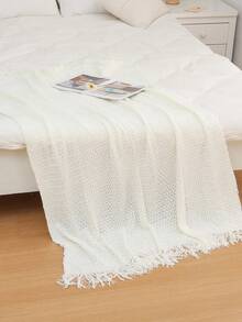 1pc Solid Color Knitted Blanket, Nordic Style Tassel Design Soft Throw Blanket, Suitable For Office Nap, Bed, Sofa, Daily Use - White Seashell Scarf - View 5