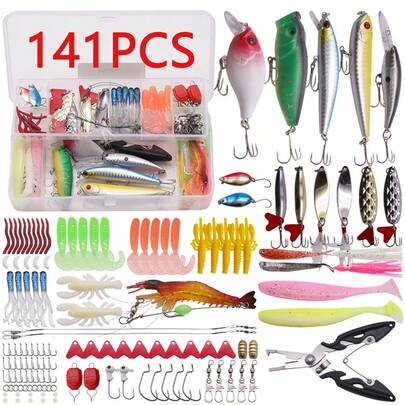 141/177/305/84/29 قطعة مجموعة طعم صيد متعددة الوظائف، مع صندوق، تشمل طعوم ناعمة، طعوم صلبة، طعوم معدنية، خطافات صيد، وملحقات صيد أخرى، مناسبة لجميع المواسم، قابلة للاستخدام في المياه المالحة والعذبة