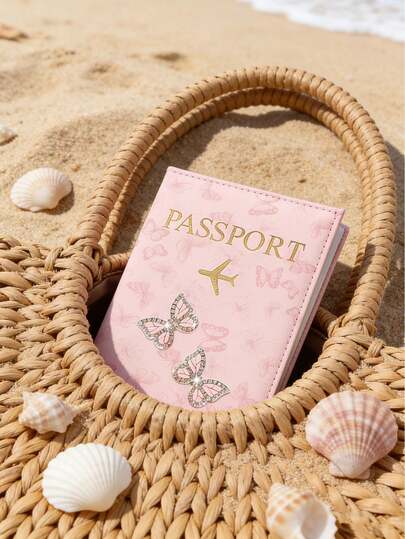 可爱小蝴蝶极简护照夹，粉色蝴蝶镶嵌闪亮水钻贴片设计，护照套，证件套，便捷护照夹，文件袋，PU材质护照保护套，甜美风格，轻巧便携，适合国际旅行，情侣、郊游、度假、返校旅行、女生、学生、男女通用，母亲节礼物