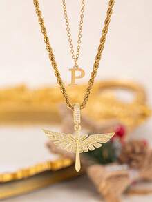2pcs/Set New Fashion Cross Wing Pendant & 26 Letter Pendant Necklace, Stainless Steel Chain Suitable For Women's Daily, Party, Vacation Wear - Yellow Gold - View 20
