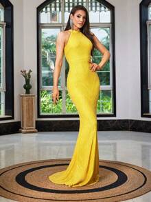 Đầm dài dự tiệc không tay, hở lưng, đính sequin, dáng đuôi cá, thích hợp cho mùa xuân và đám cưới. - Màu vàng - Xem 2