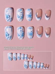 24片Y2K短椭圆法式美甲贴片，花朵蝴蝶结设计，蓝白瓷器风格，完美贴合，亚克力假指甲套装，包含1片果冻胶和1个指甲锉，法式美甲适合女性和女孩，夏季佩戴，美甲艺术 - 彩色 - 查看 2