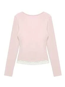女士蕾丝边饰二合一长袖T恤打底衫 - 粉色 - 查看 2