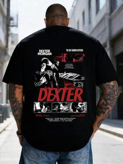 AnChiStreetwear - Plus Size Men's Fashion Black & White Woodcut Style Graphic Print Casual Short Sleeve T-Shirt, Black Base + Red & White Color Blocking Design, Combining Rugged Woodcut And Comic Panel Aesthetics To Create A Retro, Hardcore Streetwear Vibe, Ideal For Those Who Prefer Dark, Vintage Aesthetics, Suitable For Daily Street, Outdoor Wear