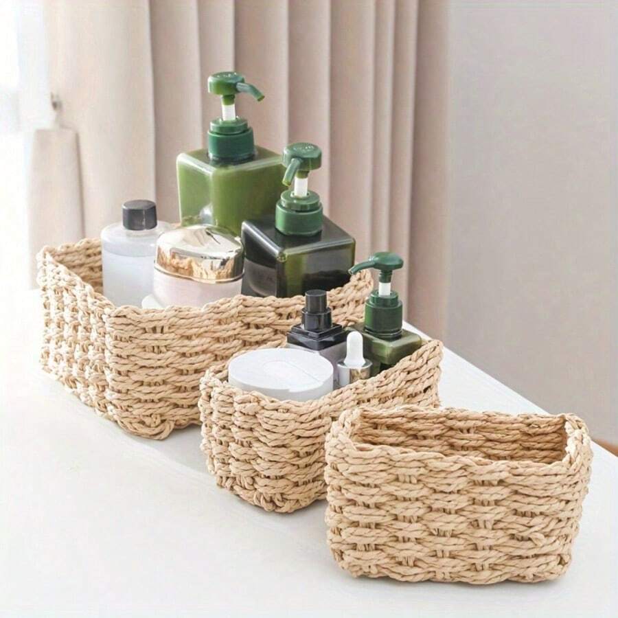 3 chiếc giỏ đựng đồ đan tay, làm từ cỏ biển và mây, kiểu dáng hình học Bohemian, giúp sắp xếp đồ đạc trong nhà tắm, phòng ngủ, phòng khách, bàn trang điểm, mang đến không gian ven biển, món quà tuyệt vời dành cho phụ nữ vào dịp Giáng sinh hoặc sinh nhật. - Màu be - Xem 1