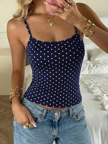 阳光女孩夏季波点印花针织吊带背心，性感清新风格，适合休闲街头和日常居家穿着。 - 藏蓝色 - 查看 6