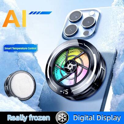 1个黑色半导体散热冰扇，带数字显示屏，磁吸式手机散热风扇，适用于安卓/iOS手机和平板电脑，可用于游戏和直播，带RGB灯效，5V 3A散热技术，带夹子