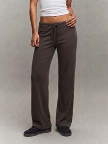 Women's Casual Black Wide Leg Fabric Pants With Drawstring Detail Long Medium Stretch - Brown - View 2