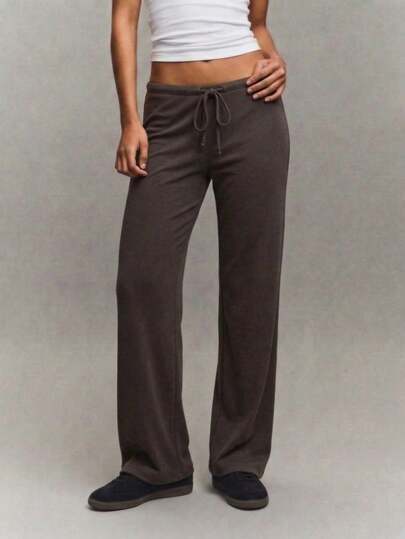 Women's Casual Black Wide Leg Fabric Pants With Drawstring Detail Long Medium Stretch