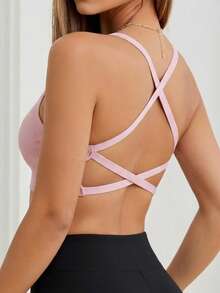 Seamless Knitted Ribbed Sexy Wireless Bra For Women, Criss-Cross Strap Backless Sports Bra - Dusty Pink - View 4