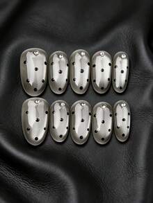 10片手工制作的短椭圆形美甲贴片，灰黑色波点玻璃珍珠猫眼钻石设计，纯手工制作，适合日常佩戴或作为节日礼物 - 黑色 - 查看 2