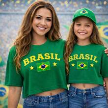 Cropped Oversized T-Shirt For Children 2 To 15 Years Old - BRAZIL / WORLD CUP! - 黃綠/綠色 - 查看 2