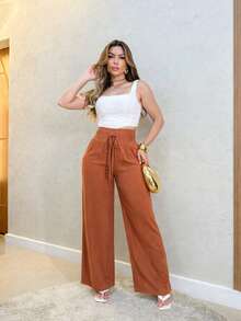 Linen And Cotton Trousers With Elastic Waistband - đất nung - Xem 1