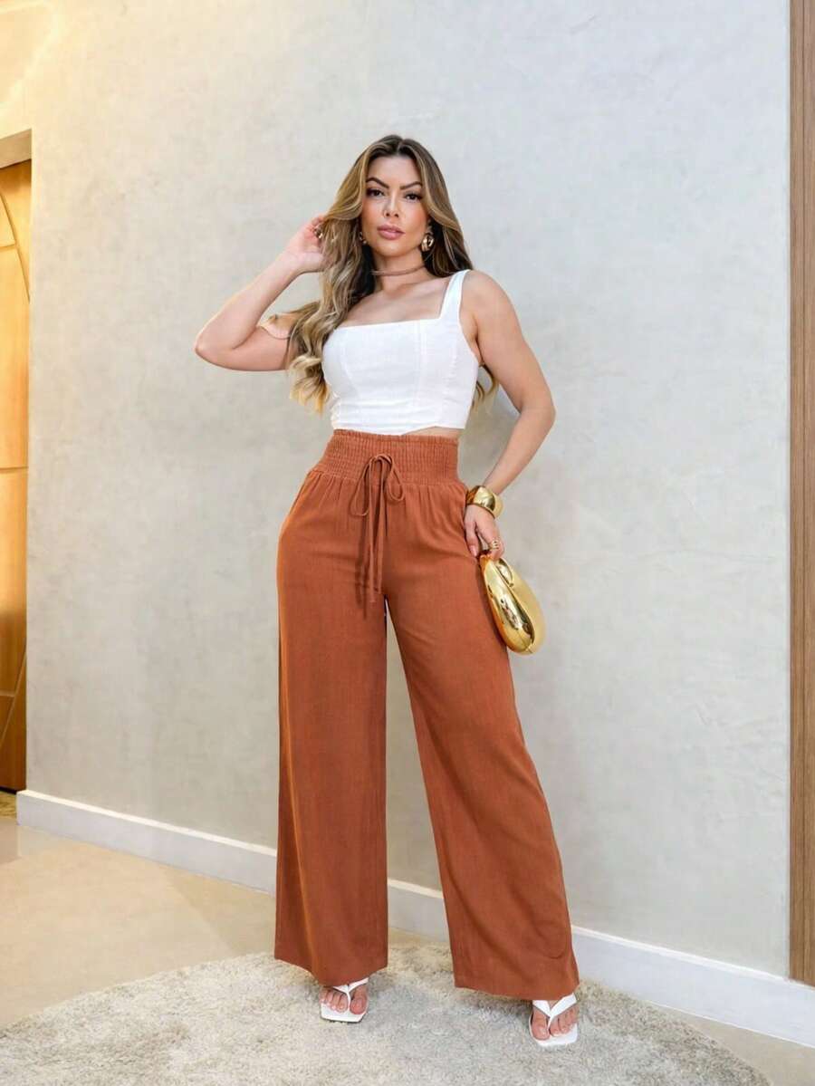 Linen And Cotton Trousers With Elastic Waistband - đất nung - Xem 1