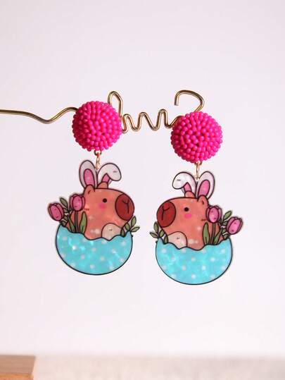 Pink Snail 原创设计手工闪亮树脂兔子花朵吊坠耳环，趣味可爱个性耳环，适合女性、女孩，夏季、冬季、度假、假日、海滩派对、情侣礼物