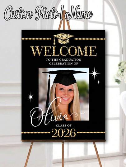 1pc Black & Gold Style Personalized Graduation Photo Poster, Graduation Celebration Welcome Photo Decor, Graduation Celebration Welcome Sign Photo, Graduation Party Welcome Board, With Poster Image, Customized Graduation Welcome Sign, Glossy Frameless Poster, Your Custom Wall Art, Wall Decor