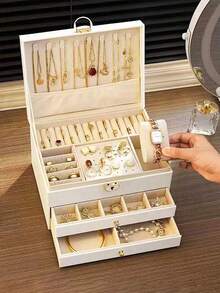3-Layer High Capacity Locked Jewelry Box, Luxury Multi-Function Storage Container, Drawer Style Jewelry Organizer, Suitable For Storing Earrings, Rings, Watches, Necklaces, Bracelets, Holiday Gift - Multicolor - View 3