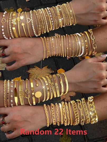 23/20/14/8/6件套复古硬币风格时尚优雅精致复古设计几何连接器心形水晶闪亮蝴蝶结仿珍珠压纹质感锁链链编织链圆珠蝴蝶结链蛇骨链飞机链圆盘链素链金属风格手链套装，适合节日、派对、约会、送礼、日常佩戴