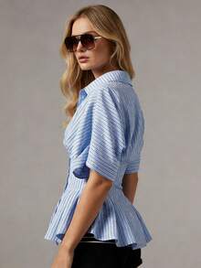 Women's Striped Peplum Blouse Button Down Collared Short Puff Sleeve Cinched Waist Shirt For Casual - 藍色 - 查看 6