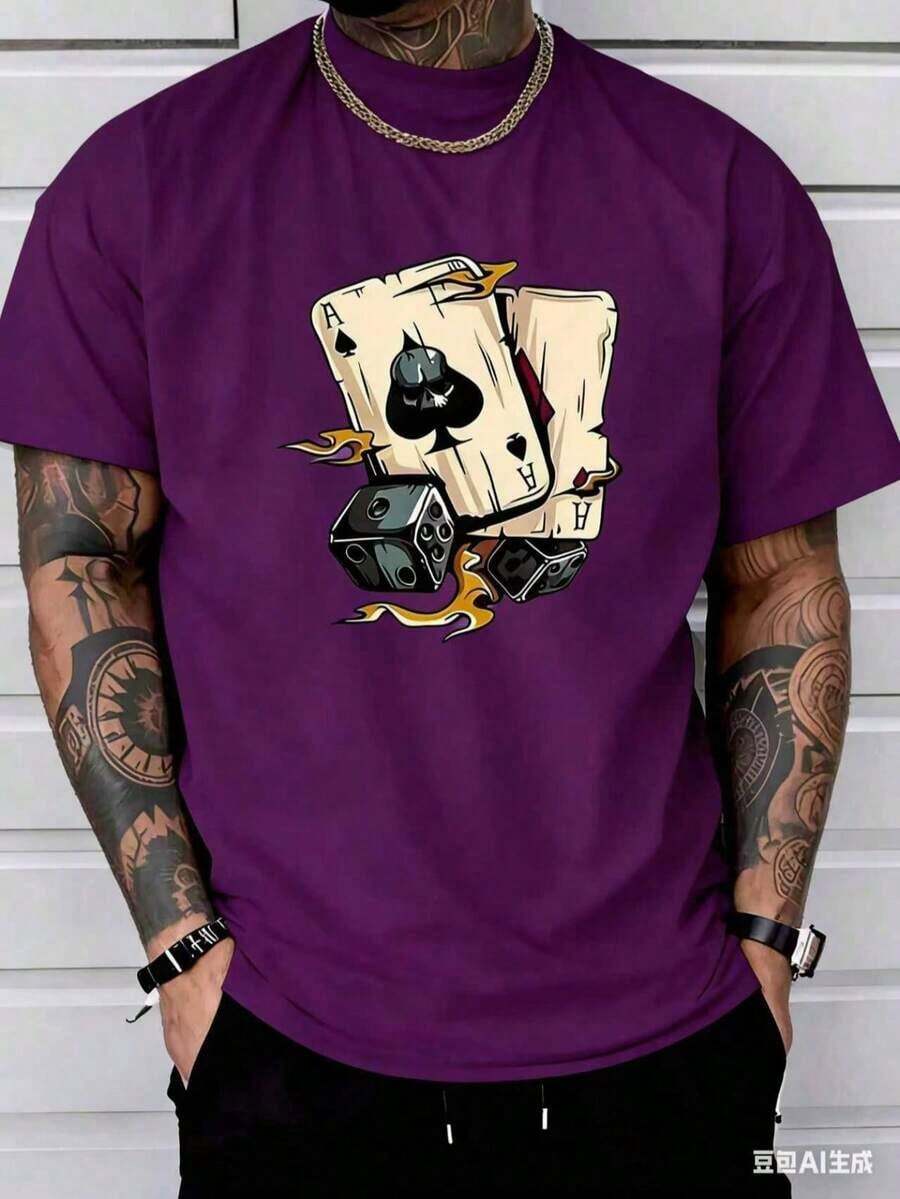 (220 Cotton-Shirt) Summer Round Neck Short Sleeved Casual Cotton Poker-White And Navy Off--Shoulder Cropped TopUnisex Casual-Shirts - 紫色 - 查看 1