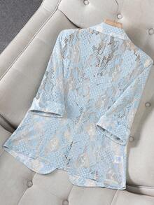 Blazer de encaje de moda, chaqueta ligera de protección solar, ajuste delgado, versátil, elegante, ropa de abrigo casual para primavera/verano - Azul - Ver 2