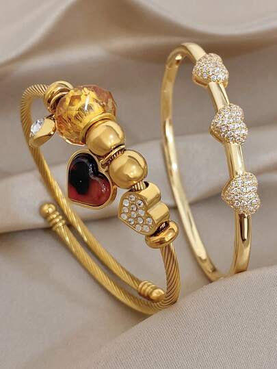 18K镀金不锈钢锆石心形吊坠多元素手镯套装，波西米亚风，女士适用，送给妈妈的礼物，适合日常佩戴、婚礼、晚宴、派对、约会、海滩、母亲节礼物、情人节礼物、春季、婚礼用品、夏季配饰