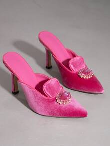 Women's Retro Velvet High Heel Mules, Rhinestone Square Buckle Pointed Toe Elegant Backless Stiletto Shoes - Hot Pink - View 7