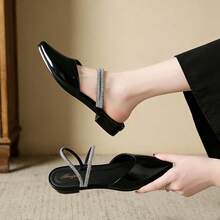 Zapatos individuales de mujer con suela plana Sandalias sin cordones de punta afilada inspiradas en las hadas Novedades de verano Tacones gruesos versátiles Ropa de moda para el día a día Correa de strass en el tobillo Zapatos sin cordones con punta semiabierta - Negro - Ver 5