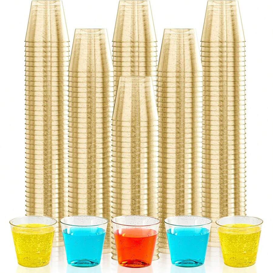 100 chiếc ly champagne 1 oz trong suốt kim tuyến vàng, ly rượu, ly cocktail, ly nâng ly tái sử dụng, phù hợp cho năm mới, Giáng sinh, tiệc tùng, đám cưới, sinh nhật, ngày lễ Valentine và sự kiện tựu trường - Nhiều màu - Xem 1