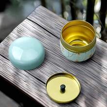 1 pieza Recipiente de té de metal con revestimiento de esmalte cerámico en la parte inferior y la tapa, recipiente de almacenamiento hermético para té, granos de café, azúcar, nueces en la cocina o despensa, adecuado para regalos festivos y uso diario - Multicolor - Ver 7