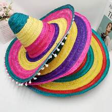 1pc Mexican Straw Hat, Independence Day Festival Hat, Large Wide-Brimmed Hat, Fabric Hat, Party Headwear - Multicolor - View 1