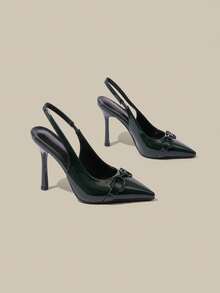 小号女士9.5厘米尖头优雅细高跟鞋，后系带设计，PU材质搭配金属装饰，适合日常、派对、通勤、工作等场合。 - 墨綠色 - 查看 5