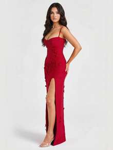 Elegant Red Long Applique High Slit Dress, Women's Sleeveless Spaghetti Strap Knit Pencil Skirt, High Stretch Fabric, Creates Charming Evening Party Look - Red - View 5