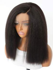 Short 14 Inch Dark Brown Kinky Yaki Straight Lace Front Wig, Afro Texture Synthetic Hair, 5" Deep Side Part, Pre-Plucked Natural Hairline Daily Wear - 黑色 - 查看 7