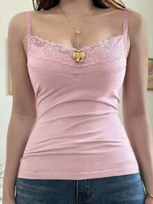 阳光少女风 Y2K 女式粉色针织吊带背心，蕾丝拼接，性感纯真风格，适合街头、通勤、休闲和居家穿着。 - 粉色 - 查看 7