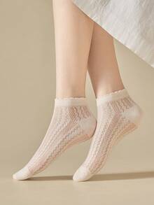 1/3/5双装 女士米白色镂空透气网眼薄款短袜，夏季穿着 - 彩色 - 查看 3
