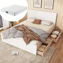 Double Bed, Wooden Bed Frame 160*200cm With 2 Drawers, Modern Bed Including Bed Frame And Slatted Base - 207*80*165cm (L*H*W) In Oak/White (With Mattress) - White - View 1