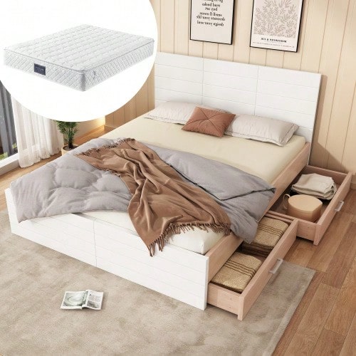 Double Bed, Wooden Bed Frame 160*200cm With 2 Drawers, Modern Bed Including Bed Frame And Slatted Base - 207*80*165cm (L*H*W) In Oak/White (With Mattress) - White - View 1