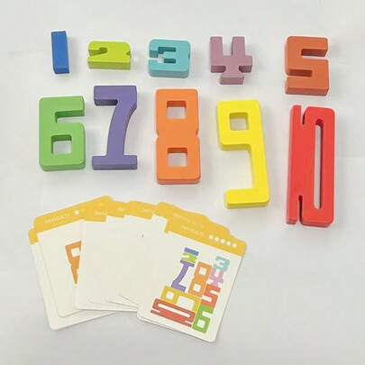 Colorful Wooden Number Stacking Blocks, Children's Math Thinking Building Blocks Toy With 15 Double-Sided Cards, Intellectual Development Toy