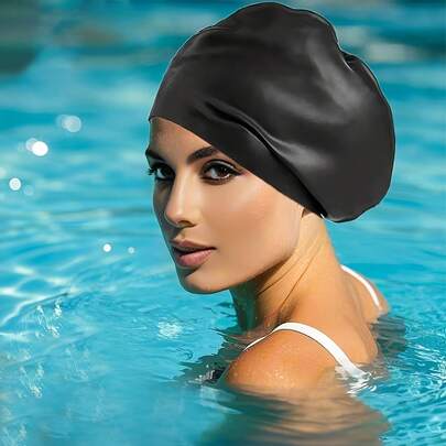 Large Size Women's Silicone Swimming Cap (Suitable For Long Thick Hair) - Waterproof Bathing Cap, High-Quality Waterproof Silicone Material, High Elasticity To Fully Cover The Head, Tight And Secure Fit, Designed For Braids, Weaves, Extensions, Curly And Frizzy Hair, Black, Suitable For Swimming, Pool Training, Competitive Swimming, Beach Vacation, Pool Party And Water Sports, Swimming Equipment, Ideal Gift For Swimming Enthusiasts, Best Choice For Pool Party And Beach Vacation, Women's Swimming Cap, Long Hair Swimming Cap, Swimming Nose Clip