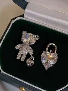 新娘不对称锆石小熊爱心耳环一对 - 彩色 - 查看 1