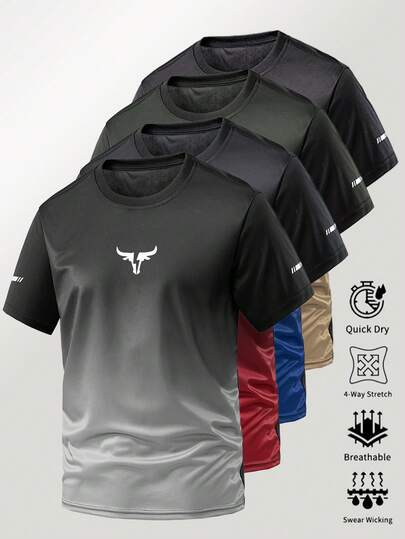 Men's Outdoor T-Shirt, Ombre Round Neck Design, Bull Head Print, Summer Quick-Dry Breathable Short Sleeve, Suitable For Daily Casual, Running, Fitness, Sports And Other Occasions