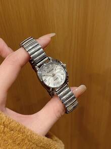 1 chiếc đồng hồ mặt tròn mạ vàng, đồng hồ đeo tay thời trang, thanh lịch, máy quartz, thích hợp để đeo hàng ngày/dùng trong các bữa tiệc/làm quà tặng. - Bạc - Xem 2