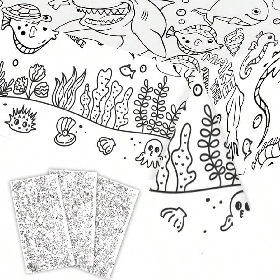 1件海洋主題彩色桌布,大尺寸海洋動物圖案著色海報,多功能適用於教室牆面裝飾、生日派對、學校聚會及特殊場合桌飾 - 塗鴉 - 查看 1