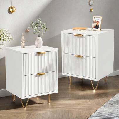 Set Of 2 Bedside Table, Bedside Table With Drawer Storage, Modern White Bedside Table, Side Table, Modern Wide Wooden Bedside Table, Wooden Nightstands With Metal Legs For Bedroom, Living Room, Sofa, Couch, Home Office